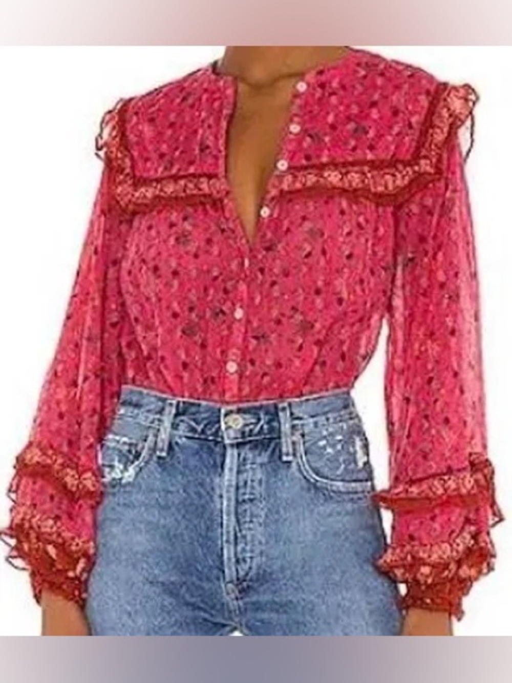 Free People Floral Raspberry Pink Ruffle-Trim Button Blouse